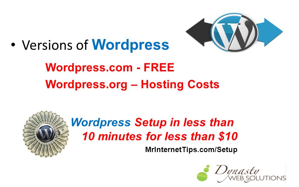 Versions of Wordpress Wordpress.com - FREE Wordpress.org – Hosting Costs Wordpress Setup in less than 10 minutes for less than $10 MrInternetTips.com/Setup