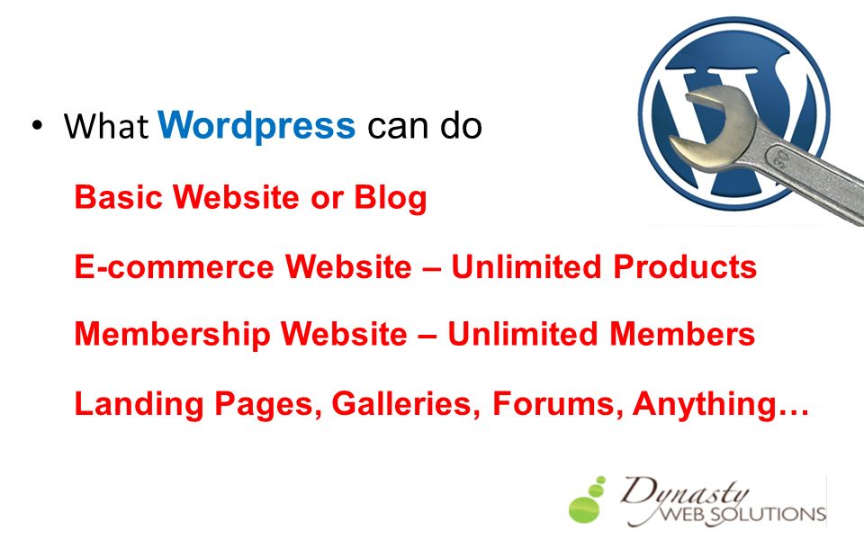 What Wordpress can do Basic Website or Blog E-commerce Website – Unlimited Products Membership Website – Unlimited Members Landing Pages, Galleries, Forums, Anything…
