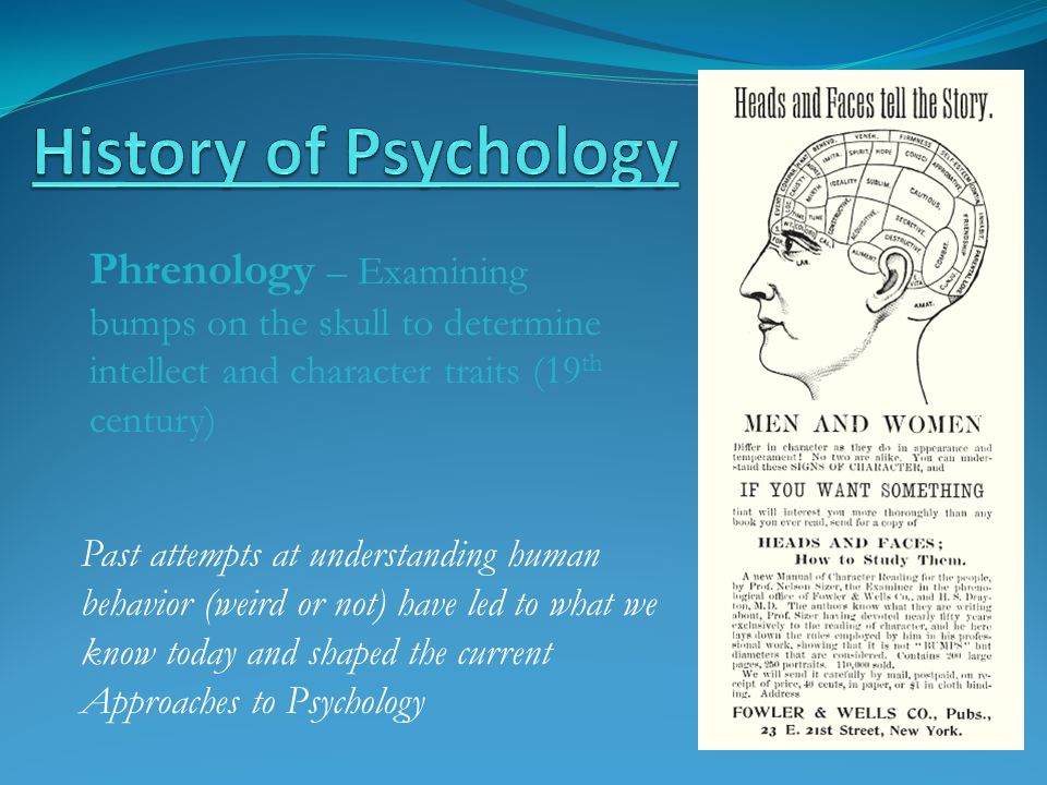 Phrenology – Examining bumps on the skull to determine intellect and character traits (19 th century) Past attempts at understanding human behavior (weird or not) have led to what we know today and shaped the current Approaches to Psychology