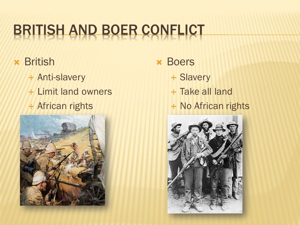  British  Anti-slavery  Limit land owners  African rights  Boers  Slavery  Take all land  No African rights
