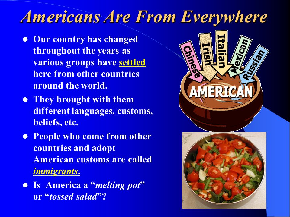 Americans Are From Everywhere Our country has changed throughout the years as various groups have settled here from other countries around the world.