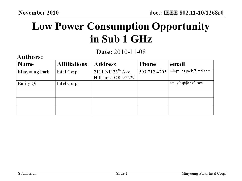 doc.: IEEE /1268r0 Submission November 2010 Minyoung Park, Intel Corp.Slide 1 Low Power Consumption Opportunity in Sub 1 GHz Date: Authors: