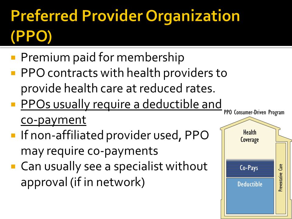  Premium paid for membership  PPO contracts with health providers to provide health care at reduced rates.