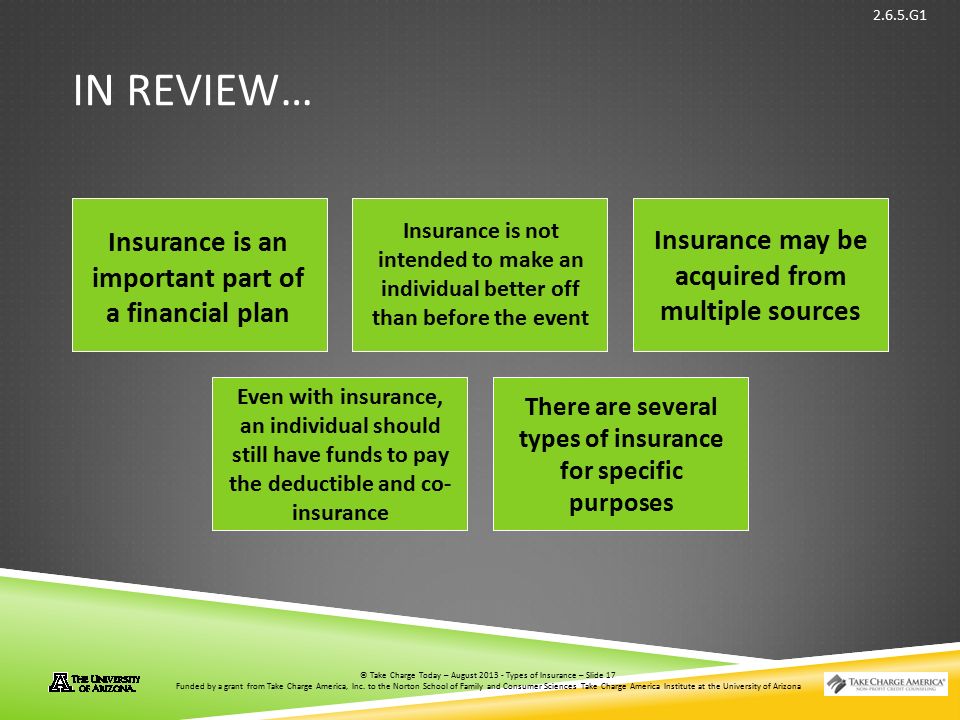 © Take Charge Today – August 2013 – Types of Insurance – Slide 17 Funded by a grant from Take Charge America, Inc.