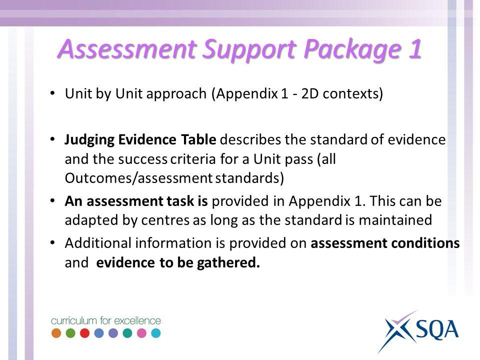 Assessment Support Package 1 Unit by Unit approach (Appendix 1 - 2D contexts) Judging Evidence Table describes the standard of evidence and the success criteria for a Unit pass (all Outcomes/assessment standards) An assessment task is provided in Appendix 1.