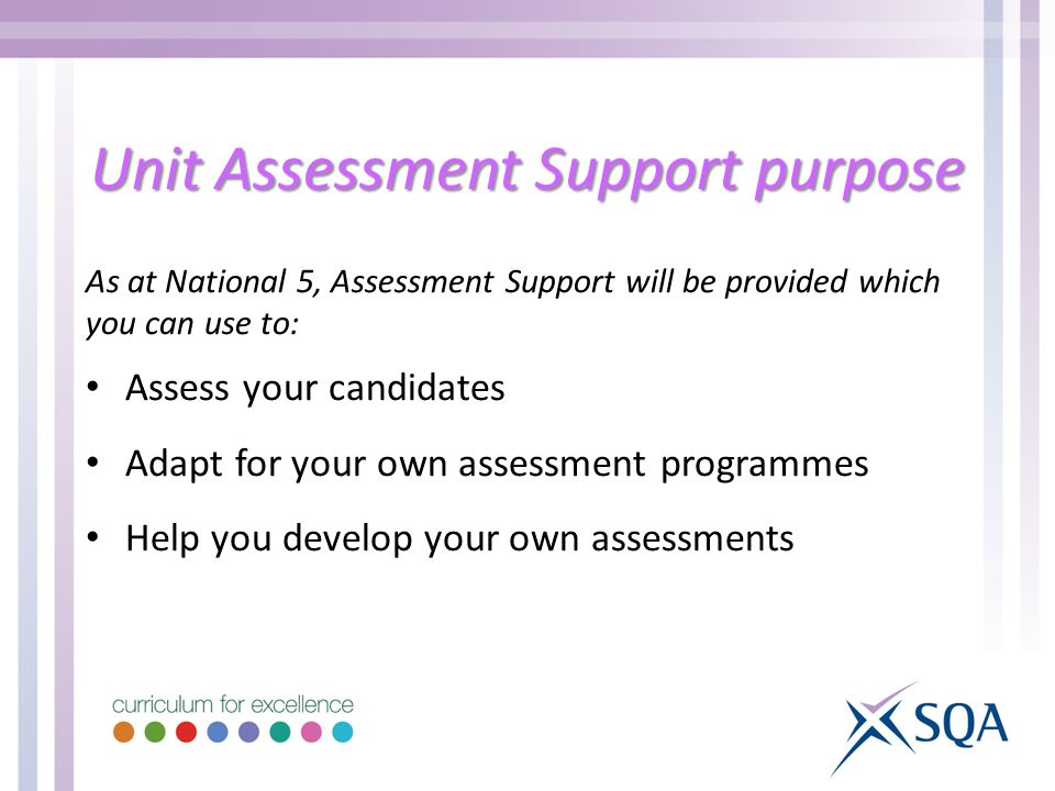 Unit Assessment Support purpose As at National 5, Assessment Support will be provided which you can use to: Assess your candidates Adapt for your own assessment programmes Help you develop your own assessments