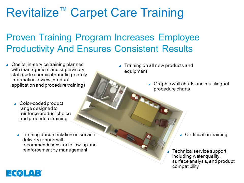 Revitalize ™ Carpet Care Training  Onsite, in-service training planned with management and supervisory staff (safe chemical handling, safety information review, product application and procedure training)  Certification training  Color-coded product range designed to reinforce product choice and procedure training  Training documentation on service delivery reports with recommendations for follow-up and reinforcement by management  Training on all new products and equipment  Graphic wall charts and multilingual procedure charts  Technical service support including water quality, surface analysis, and product compatibility Proven Training Program Increases Employee Productivity And Ensures Consistent Results