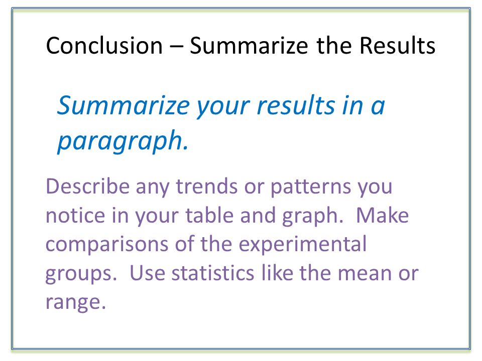 Conclusion – Summarize the Results Summarize your results in a paragraph.