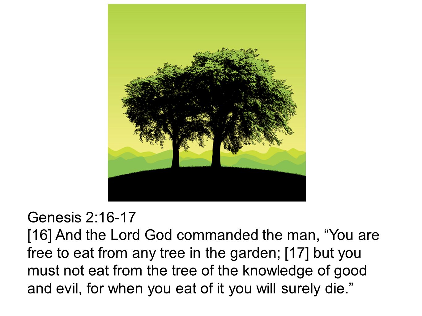 Genesis 2:16-17 [16] And the Lord God commanded the man, You are free to eat from any tree in the garden; [17] but you must not eat from the tree of the knowledge of good and evil, for when you eat of it you will surely die.
