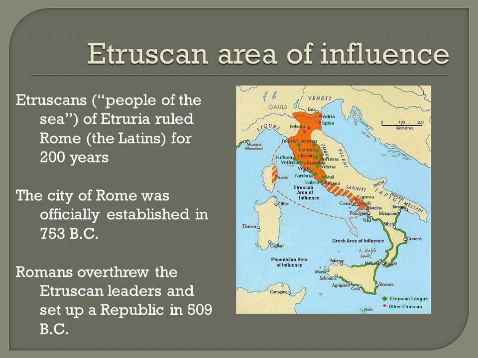 Etruscans ( people of the sea ) of Etruria ruled Rome (the Latins) for 200 years The city of Rome was officially established in 753 B.C.