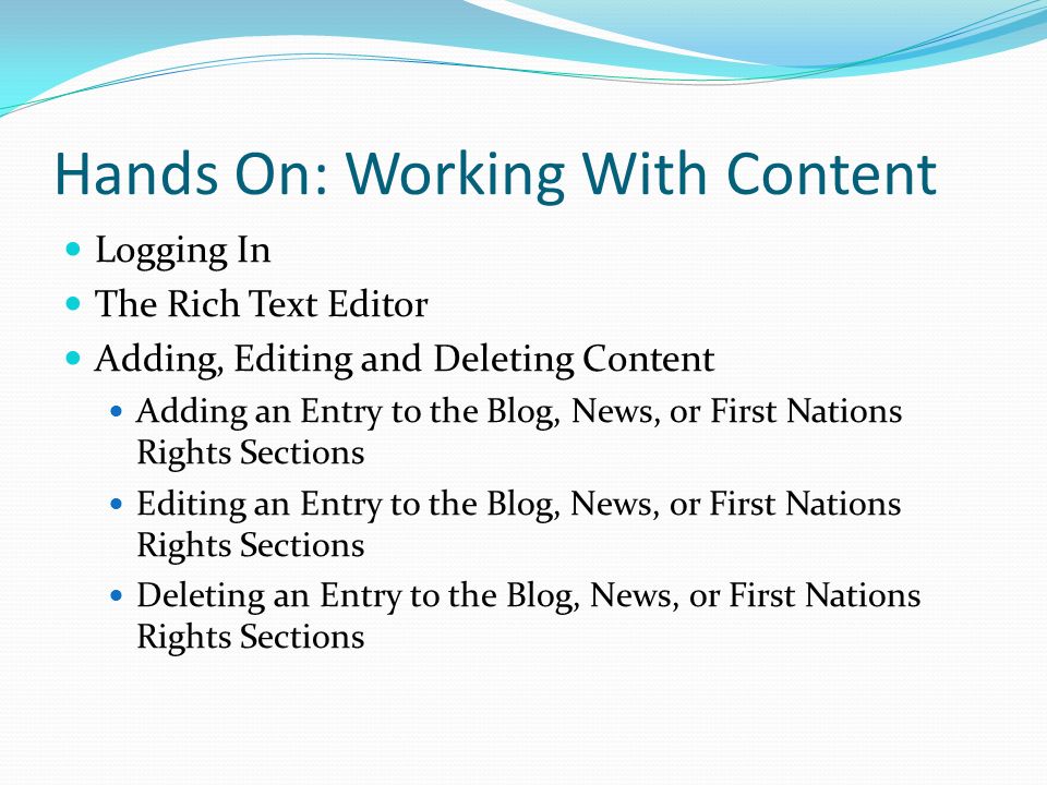 Hands On: Working With Content Logging In The Rich Text Editor Adding, Editing and Deleting Content Adding an Entry to the Blog, News, or First Nations Rights Sections Editing an Entry to the Blog, News, or First Nations Rights Sections Deleting an Entry to the Blog, News, or First Nations Rights Sections
