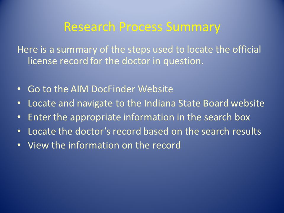 Research Process Summary Here is a summary of the steps used to locate the official license record for the doctor in question.