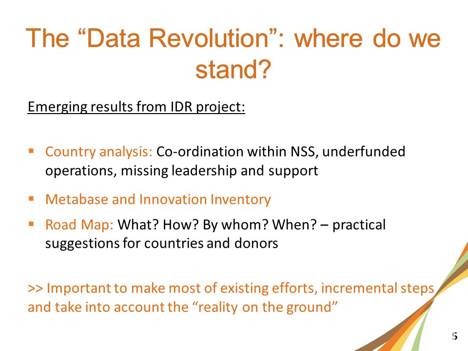 5 1 Emerging results from IDR project:  Country analysis: Co-ordination within NSS, underfunded operations, missing leadership and support  Metabase and Innovation Inventory  Road Map: What.