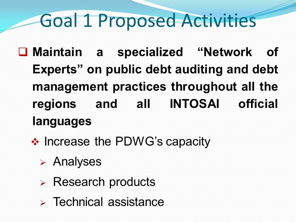 Goal 1 Proposed Activities  Maintain a specialized Network of Experts on public debt auditing and debt management practices throughout all the regions and all INTOSAI official languages  Increase the PDWG’s capacity  Analyses  Research products  Technical assistance