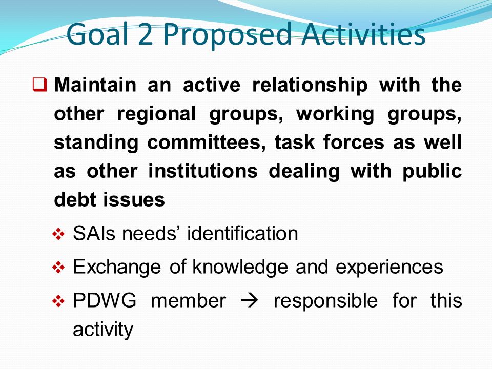 Goal 2 Proposed Activities  Maintain an active relationship with the other regional groups, working groups, standing committees, task forces as well as other institutions dealing with public debt issues  SAIs needs’ identification  Exchange of knowledge and experiences  PDWG member  responsible for this activity