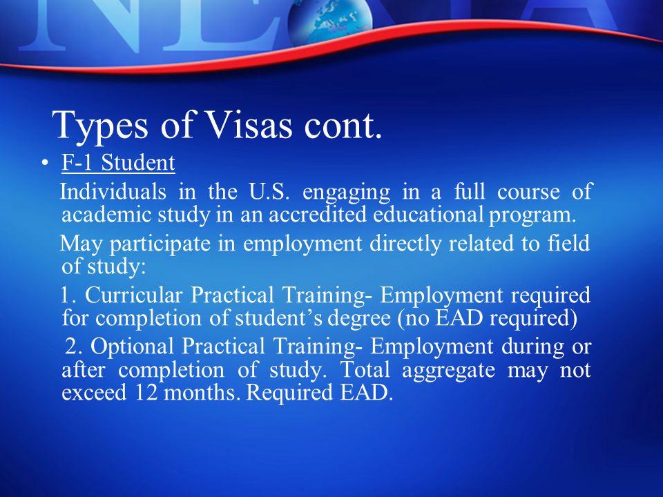 Types of Visas cont. F-1 Student Individuals in the U.S.
