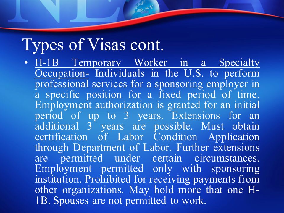 Types of Visas cont. H-1B Temporary Worker in a Specialty Occupation- Individuals in the U.S.