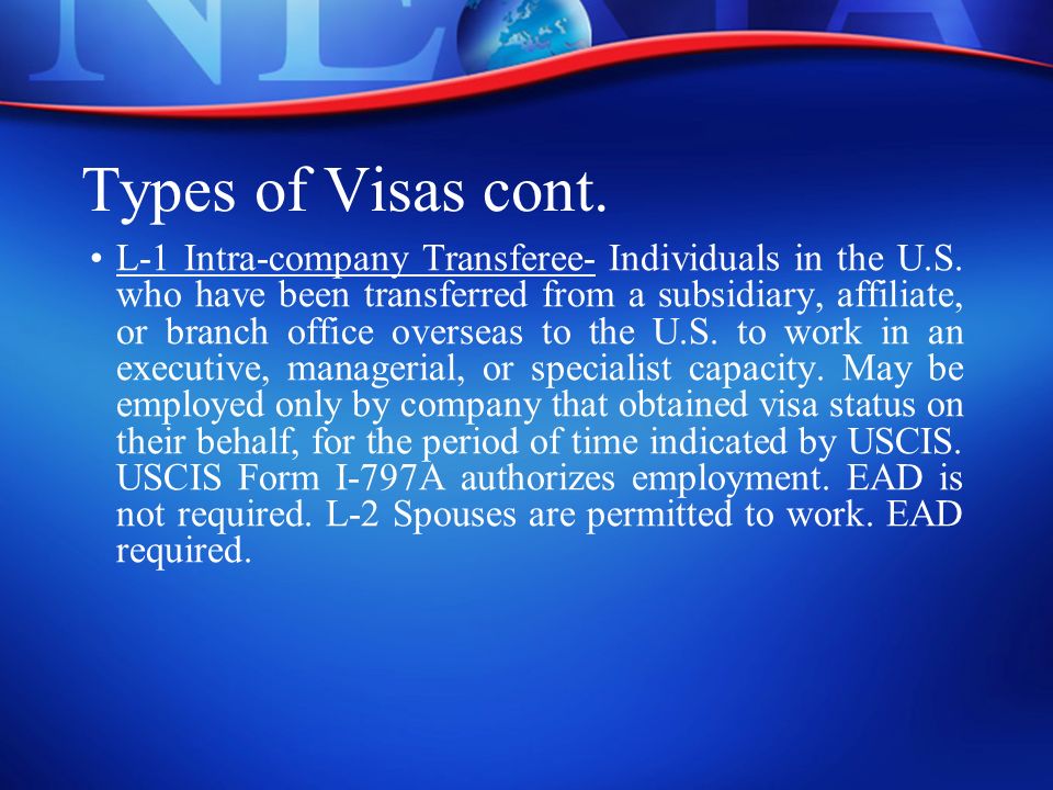 Types of Visas cont. L-1 Intra-company Transferee- Individuals in the U.S.