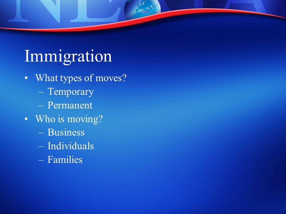 Immigration What types of moves. –Temporary –Permanent Who is moving.