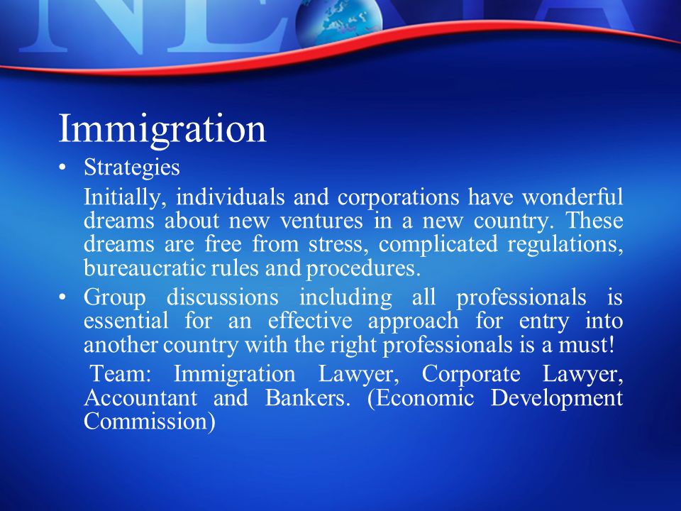 Immigration Strategies Initially, individuals and corporations have wonderful dreams about new ventures in a new country.