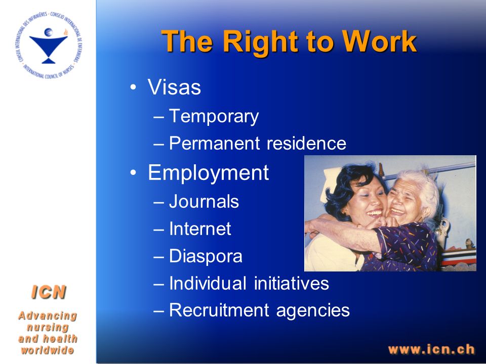 The Right to Work Visas –Temporary –Permanent residence Employment –Journals –Internet –Diaspora –Individual initiatives –Recruitment agencies