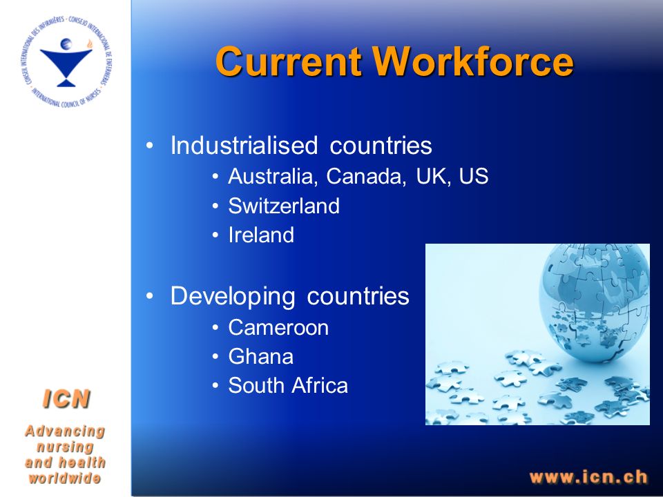 Current Workforce Industrialised countries Australia, Canada, UK, US Switzerland Ireland Developing countries Cameroon Ghana South Africa