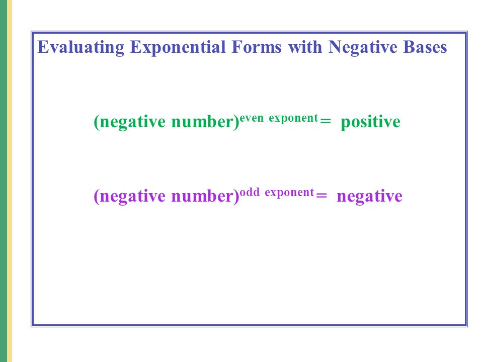 Evaluating Exponential Forms with Negative Bases (negative number) even exponent = positive (negative number) odd exponent = negative