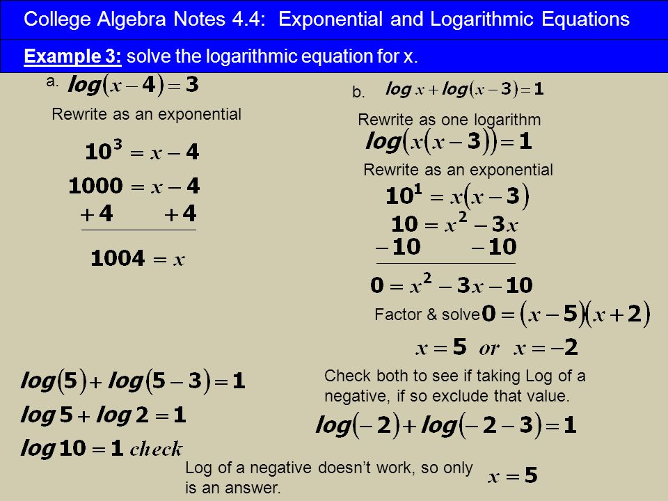 College Algebra Notes 4 3 Laws Of Logarithms Logs Let A College Algebra Notes 4 Exponential And Logarithmic Equations Example 3 Solve The Equation