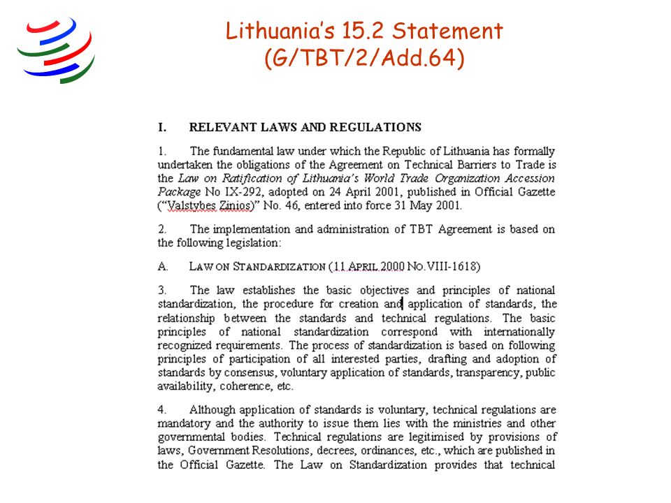 8 Lithuania’s 15.2 Statement (G/TBT/2/Add.64)