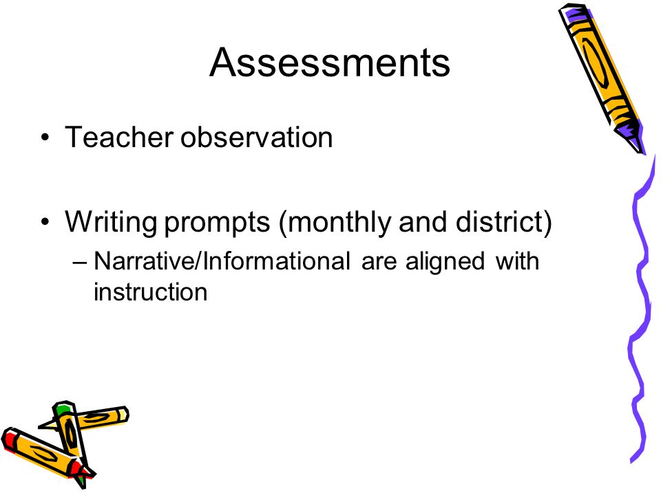 Assessments Teacher observation Writing prompts (monthly and district) –Narrative/Informational are aligned with instruction