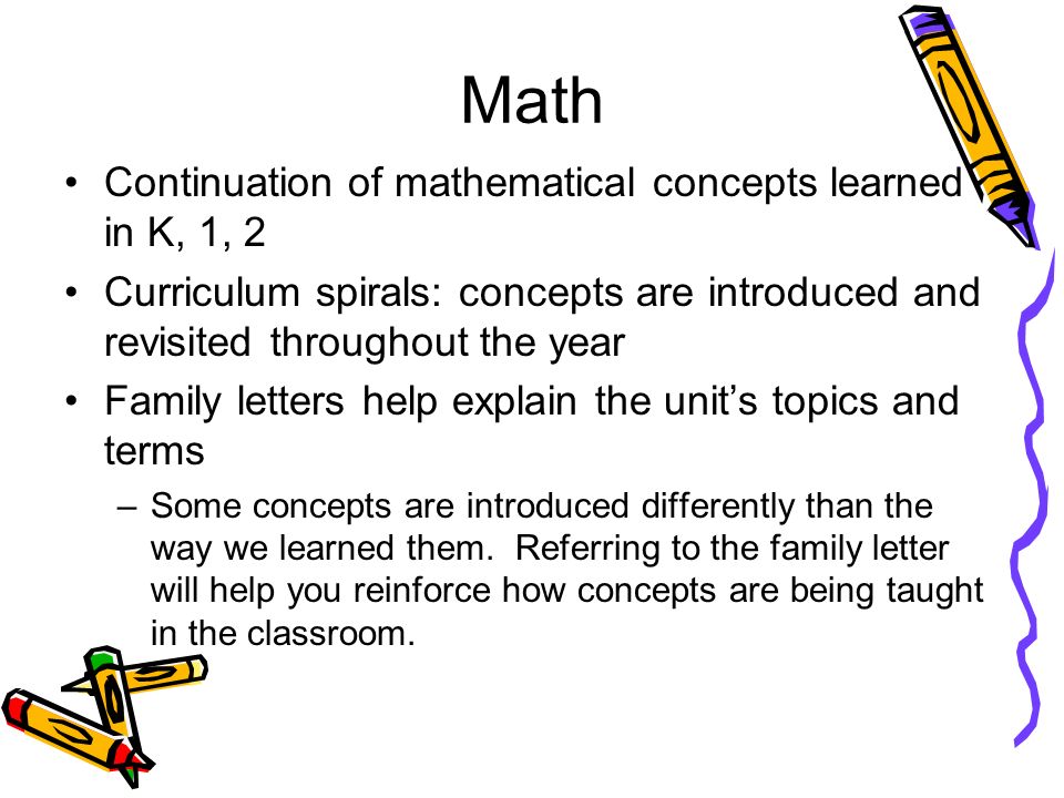 Math Continuation of mathematical concepts learned in K, 1, 2 Curriculum spirals: concepts are introduced and revisited throughout the year Family letters help explain the unit’s topics and terms –Some concepts are introduced differently than the way we learned them.
