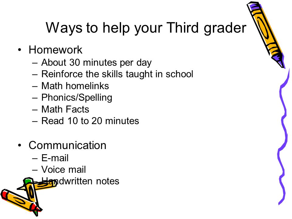 Ways to help your Third grader Homework –About 30 minutes per day –Reinforce the skills taught in school –Math homelinks –Phonics/Spelling –Math Facts –Read 10 to 20 minutes Communication – –Voice mail –Handwritten notes