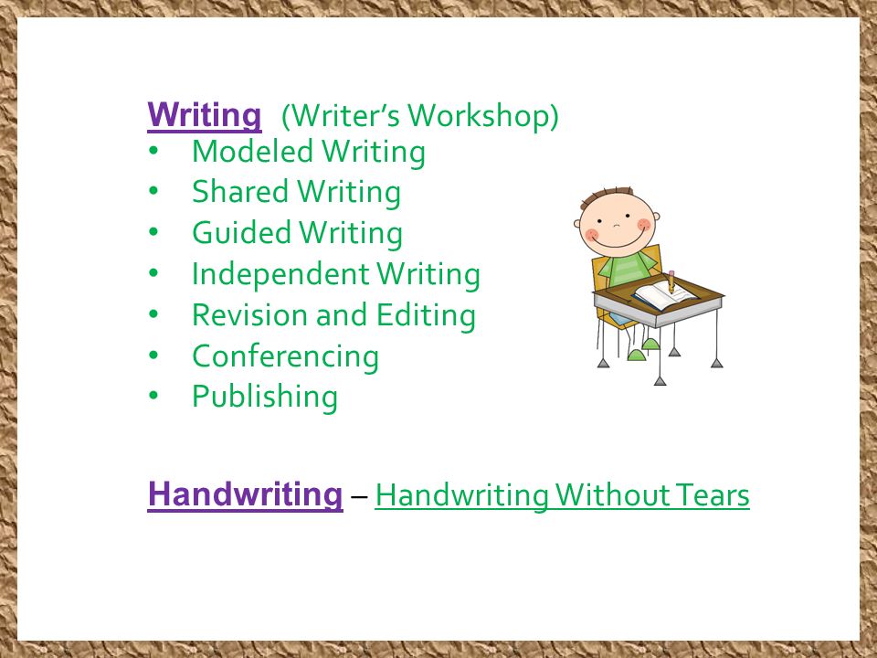 Modeled Writing Shared Writing Guided Writing Independent Writing Revision and Editing Conferencing Publishing Writing (Writer’s Workshop) Handwriting – Handwriting Without Tears