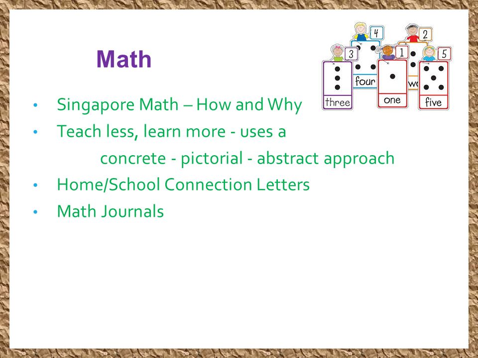 Math Singapore Math – How and Why Teach less, learn more - uses a concrete - pictorial - abstract approach Home/School Connection Letters Math Journals
