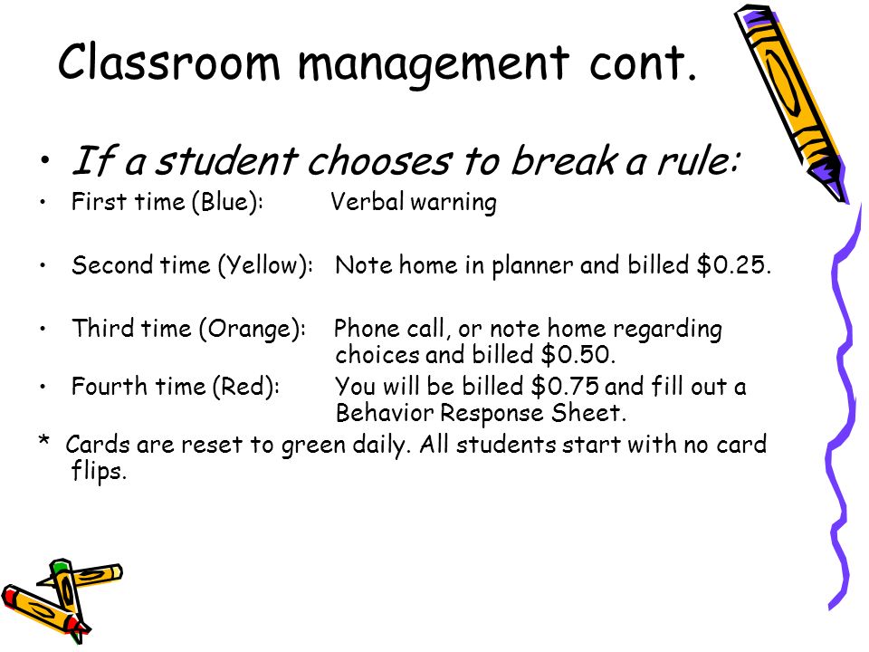 Classroom management Rules of the Classroom: Respect your teacher Respect your classmates Be prepared for class Follow the directions the first time given Follow the procedures manuals in the classroom Complete all assignments Do your personal best