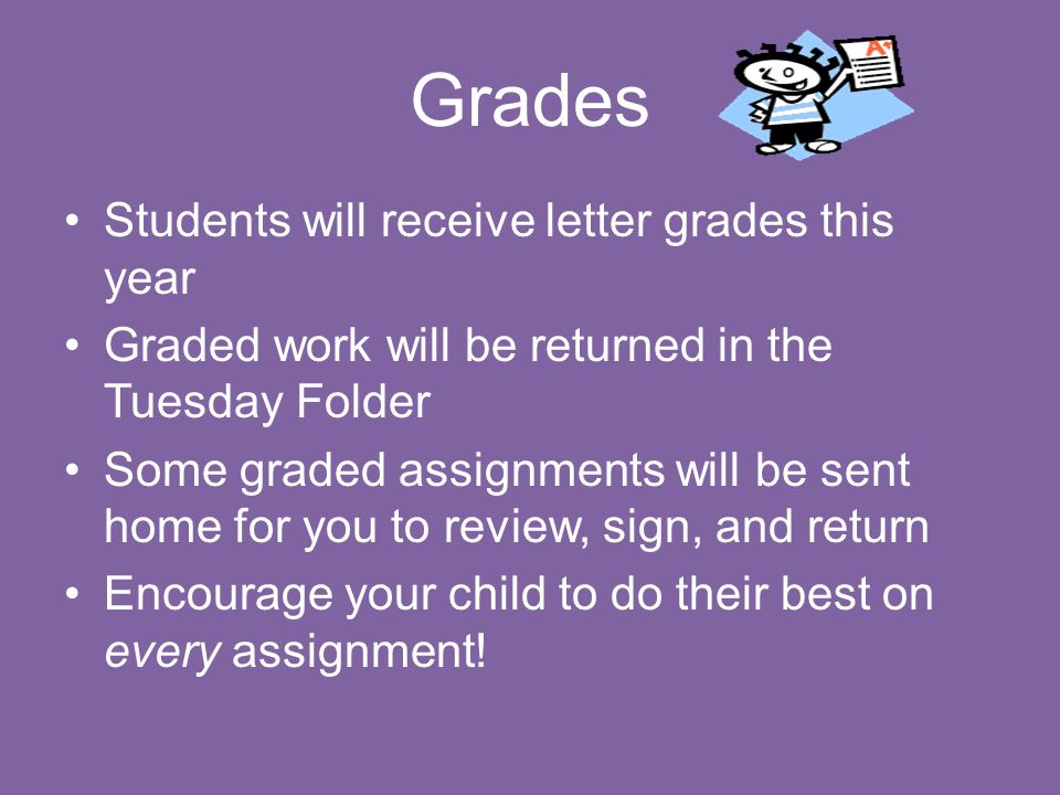 Grades Students will receive letter grades this year Graded work will be returned in the Tuesday Folder Some graded assignments will be sent home for you to review, sign, and return Encourage your child to do their best on every assignment!