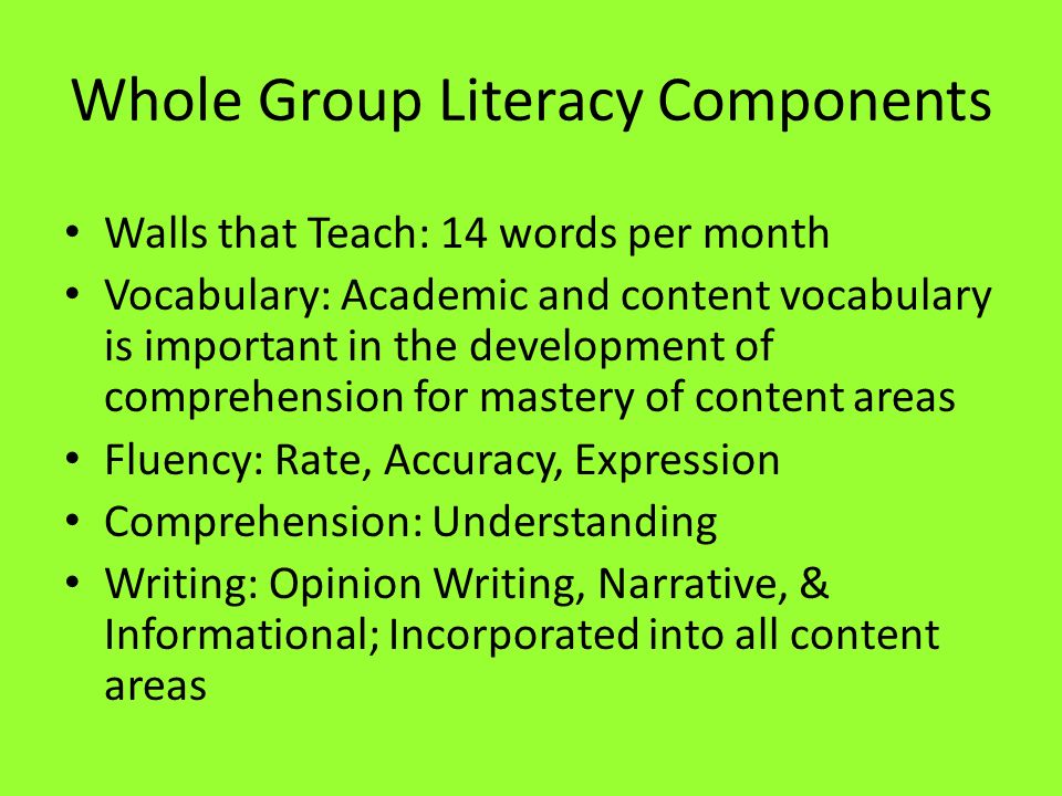Whole Group Literacy Components Walls that Teach: 14 words per month Vocabulary: Academic and content vocabulary is important in the development of comprehension for mastery of content areas Fluency: Rate, Accuracy, Expression Comprehension: Understanding Writing: Opinion Writing, Narrative, & Informational; Incorporated into all content areas