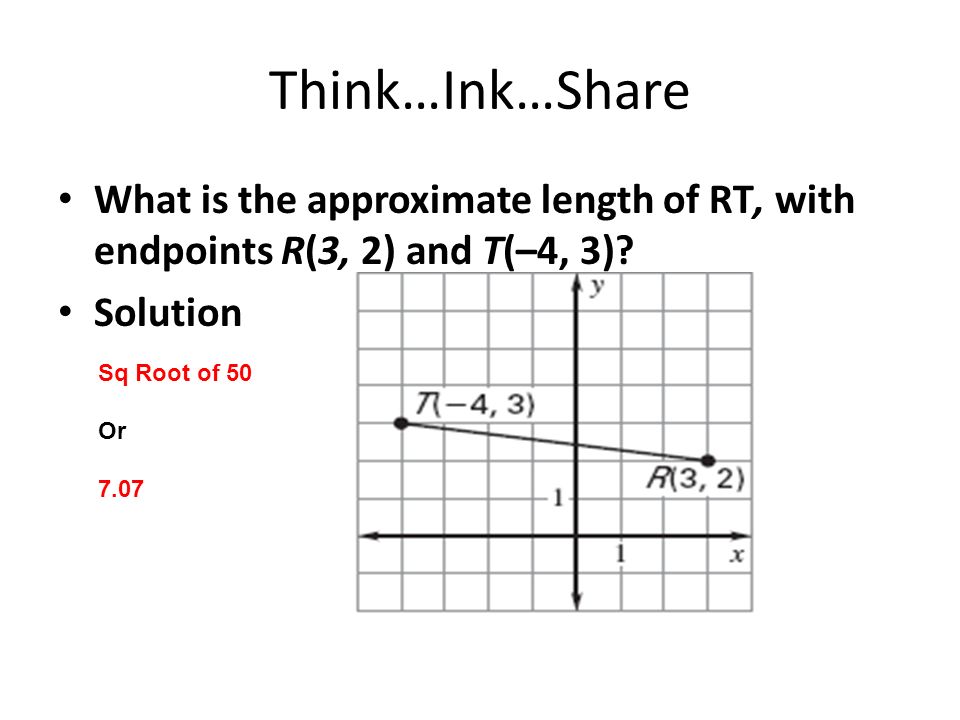 Think…Ink…Share What is the approximate length of RT, with endpoints R(3, 2) and T(–4, 3).