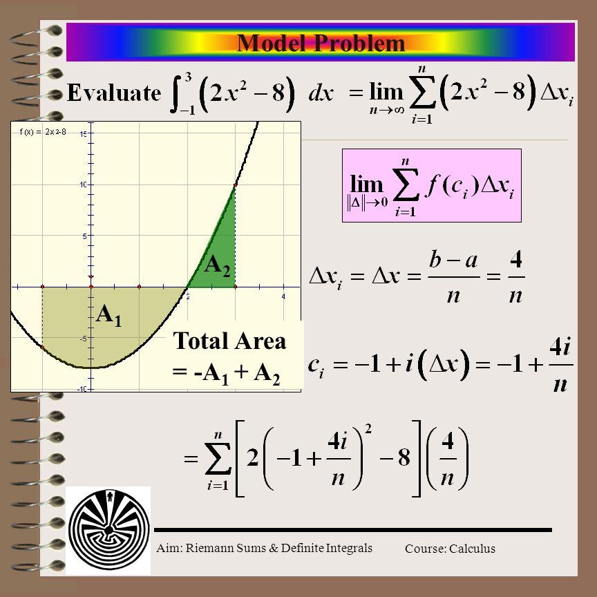 Aim: Riemann Sums & Definite Integrals Course: Calculus Model Problem A1A1 A2A2 Total Area = -A 1 + A 2