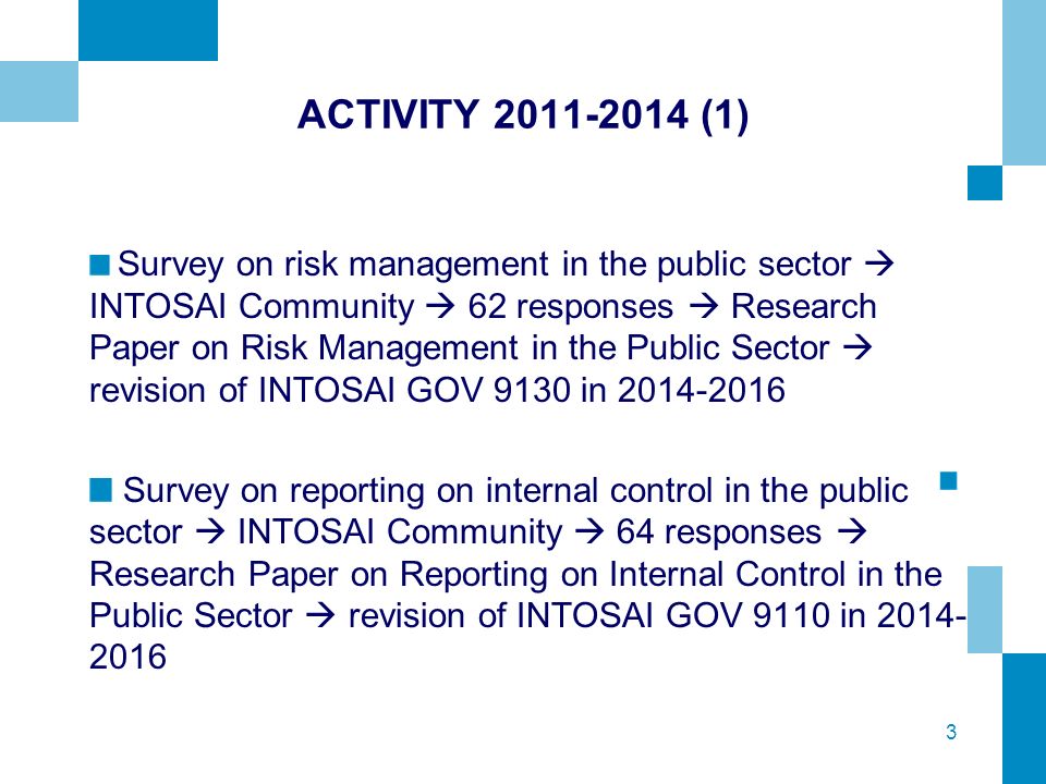 3 ACTIVITY (1) Survey on risk management in the public sector  INTOSAI Community  62 responses  Research Paper on Risk Management in the Public Sector  revision of INTOSAI GOV 9130 in Survey on reporting on internal control in the public sector  INTOSAI Community  64 responses  Research Paper on Reporting on Internal Control in the Public Sector  revision of INTOSAI GOV 9110 in