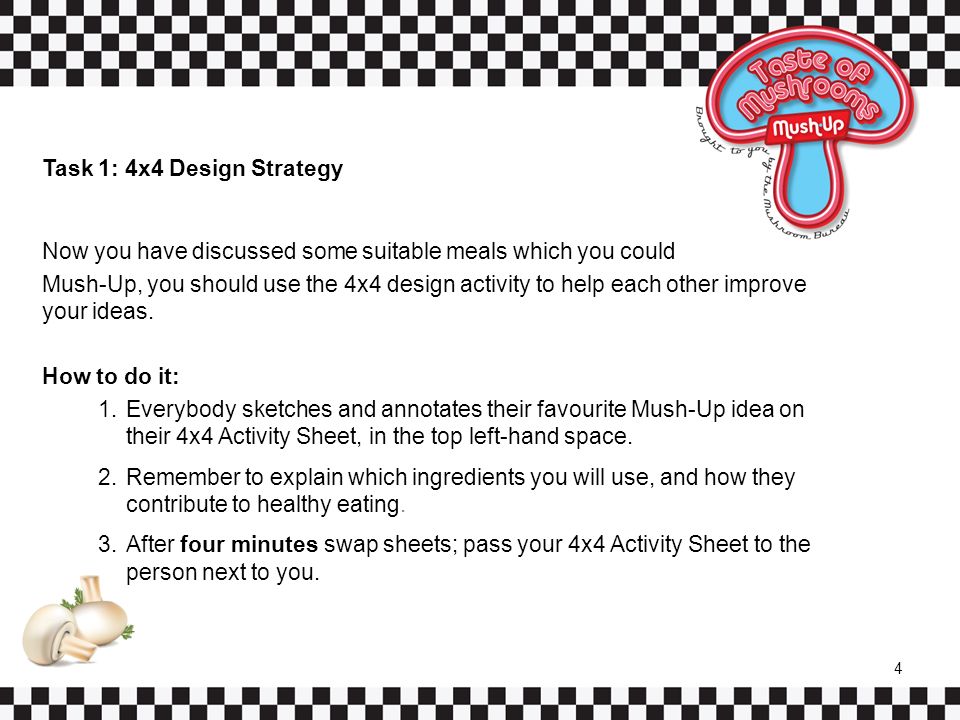 Task 1: 4x4 Design Strategy Now you have discussed some suitable meals which you could Mush-Up, you should use the 4x4 design activity to help each other improve your ideas.