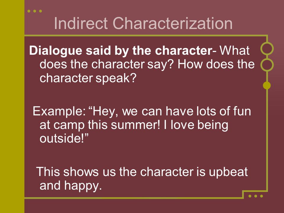 Indirect Characterization Dialogue said by the character- What does the character say.