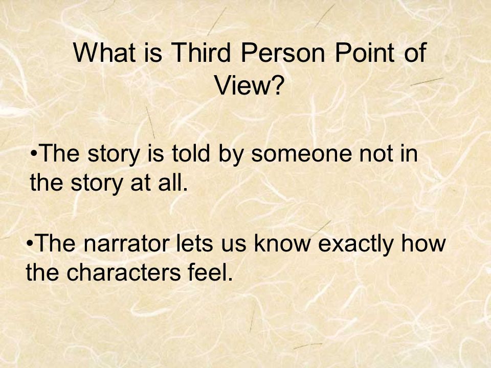 What is Third Person Point of View. The story is told by someone not in the story at all.