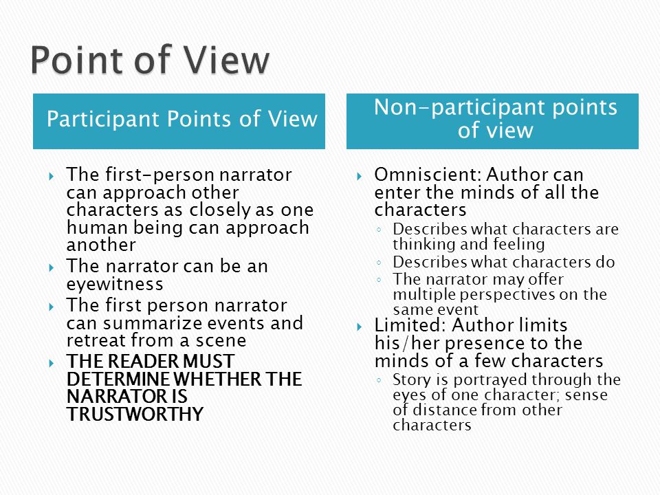 Participant Points of View Non-participant points of view  The first-person narrator can approach other characters as closely as one human being can approach another  The narrator can be an eyewitness  The first person narrator can summarize events and retreat from a scene  THE READER MUST DETERMINE WHETHER THE NARRATOR IS TRUSTWORTHY  Omniscient: Author can enter the minds of all the characters ◦ Describes what characters are thinking and feeling ◦ Describes what characters do ◦ The narrator may offer multiple perspectives on the same event  Limited: Author limits his/her presence to the minds of a few characters ◦ Story is portrayed through the eyes of one character; sense of distance from other characters