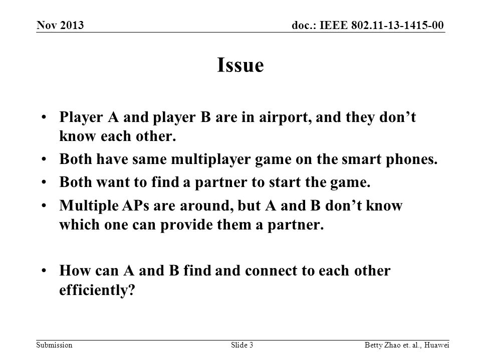doc.: IEEE Submission Issue Player A and player B are in airport, and they don’t know each other.