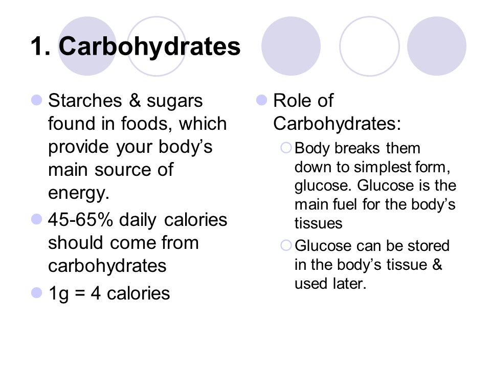 1. Carbohydrates Starches & sugars found in foods, which provide your body’s main source of energy.