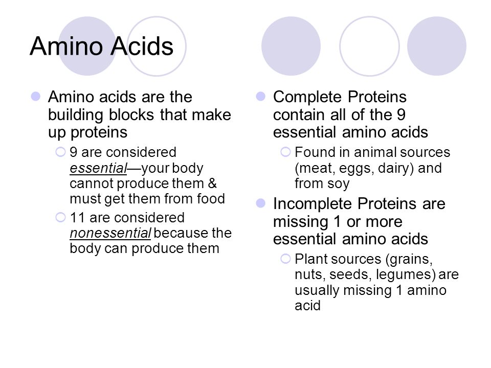 Amino Acids Amino acids are the building blocks that make up proteins  9 are considered essential—your body cannot produce them & must get them from food  11 are considered nonessential because the body can produce them Complete Proteins contain all of the 9 essential amino acids  Found in animal sources (meat, eggs, dairy) and from soy Incomplete Proteins are missing 1 or more essential amino acids  Plant sources (grains, nuts, seeds, legumes) are usually missing 1 amino acid
