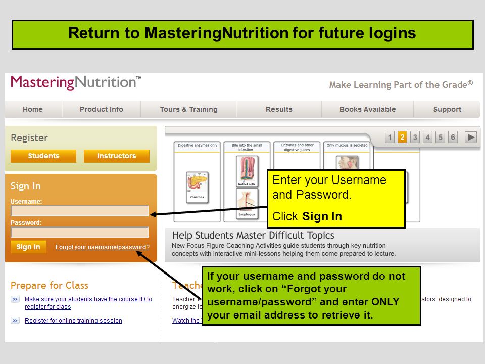 Return to MasteringNutrition for future logins Enter your Username and Password.