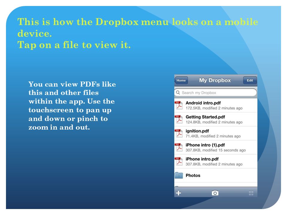 This is how the Dropbox menu looks on a mobile device.