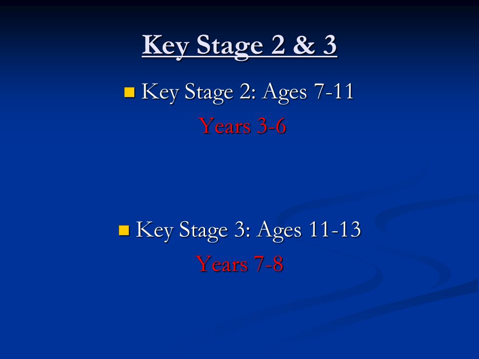 Key Stage 2 & 3 Key Stage 2: Ages 7-11 Key Stage 2: Ages 7-11 Years 3-6 Years 3-6 Key Stage 3: Ages Key Stage 3: Ages Years 7-8